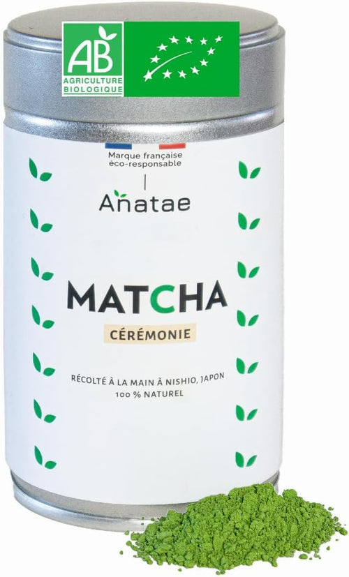Anatae Marque française - Thé Matcha bio cérémonie japonais - Sans amertume - Poudre de thé vert matcha 100% BIO qualité cérémonielle - Récolté à la main à Nishio, Japon.