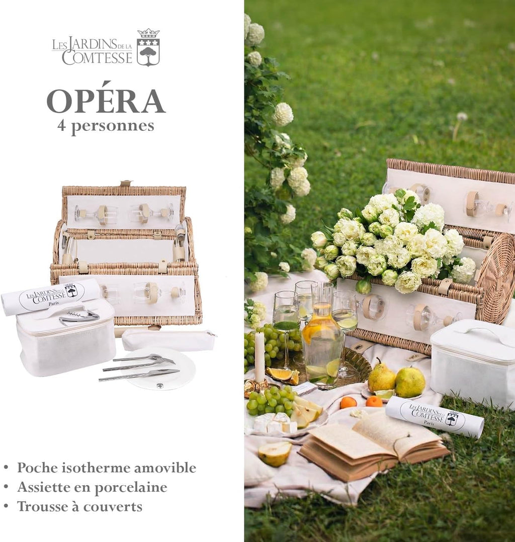 Les Jardins de la Comtesse - Panier Pique-Nique Rond Opéra - 4 Personnes - avec Vaisselle Complète et Glacière Isotherme Amovible - Osier Naturel Tressé à la Main – Tissu Beige - 47 x 30 x 30 cm