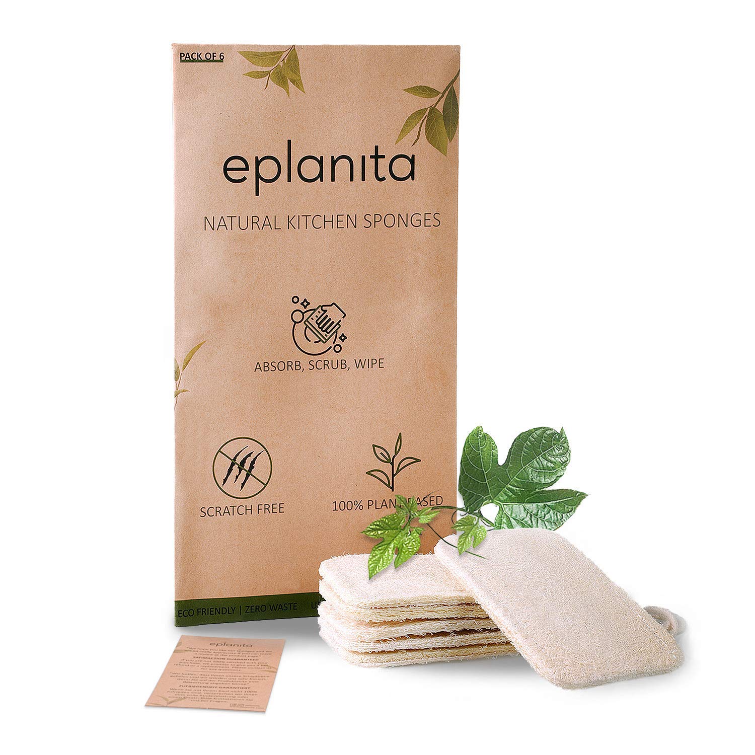 eplanita Éponges à Vaisselle Naturelles (Paquet de 6), Récureur Eco Scrub de Cuisine, Plante de Loofah Naturelle, Biodégradable et Zéro Déchet
