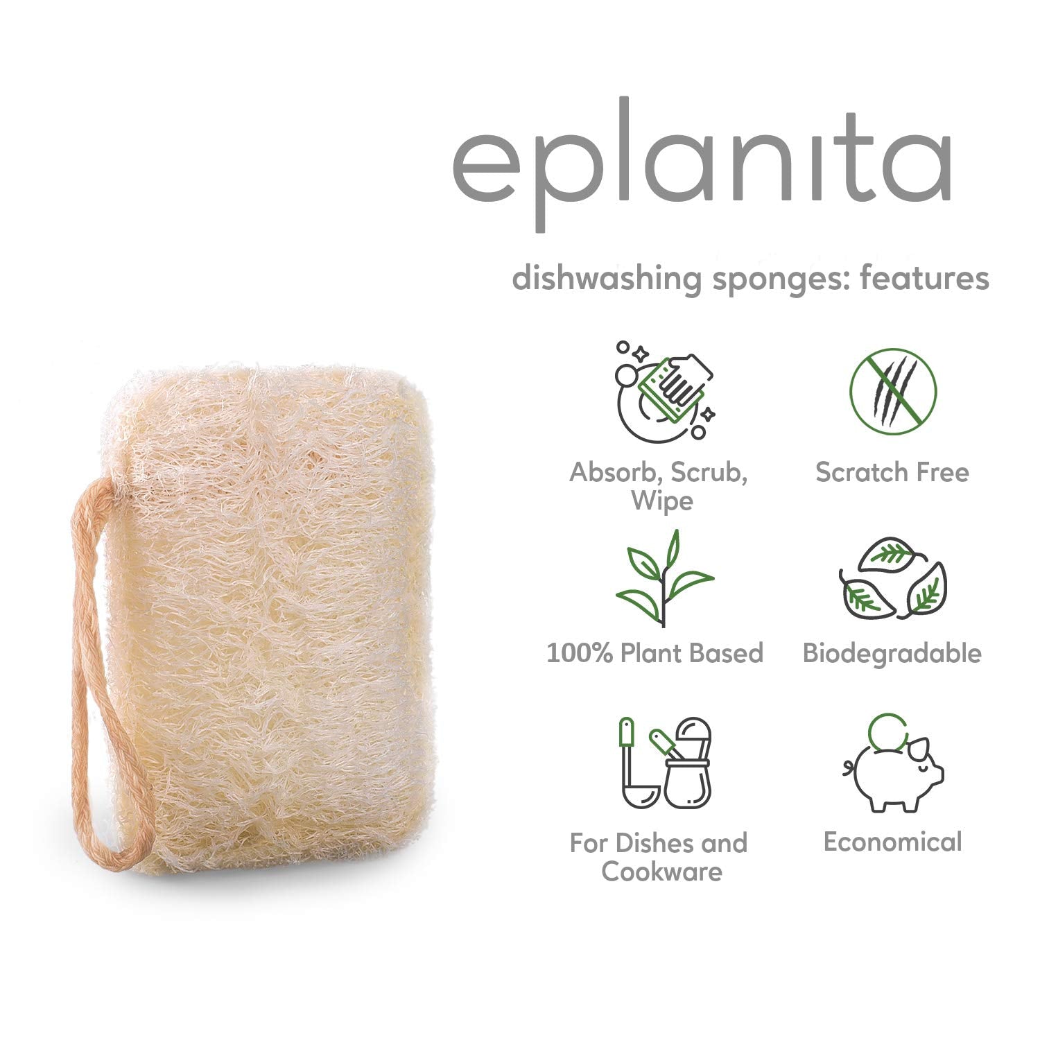 eplanita Éponges à Vaisselle Naturelles (Paquet de 6), Récureur Eco Scrub de Cuisine, Plante de Loofah Naturelle, Biodégradable et Zéro Déchet