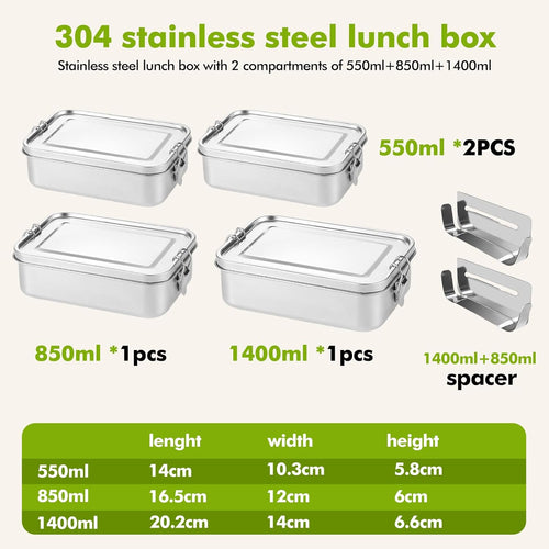 4pcs Boîte Éco-Responsables en Acier Inoxydable, 850ml, 1400ml, 2pcs 550ml, Boîtes À Déjeuner avec Compartiments, Pour Pique-Nique, Travail, École