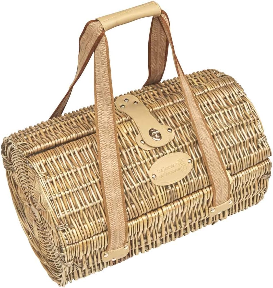 Les Jardins de la Comtesse - Panier Pique-Nique Rond Opéra - 4 Personnes - avec Vaisselle Complète et Glacière Isotherme Amovible - Osier Naturel Tressé à la Main – Tissu Beige - 47 x 30 x 30 cm